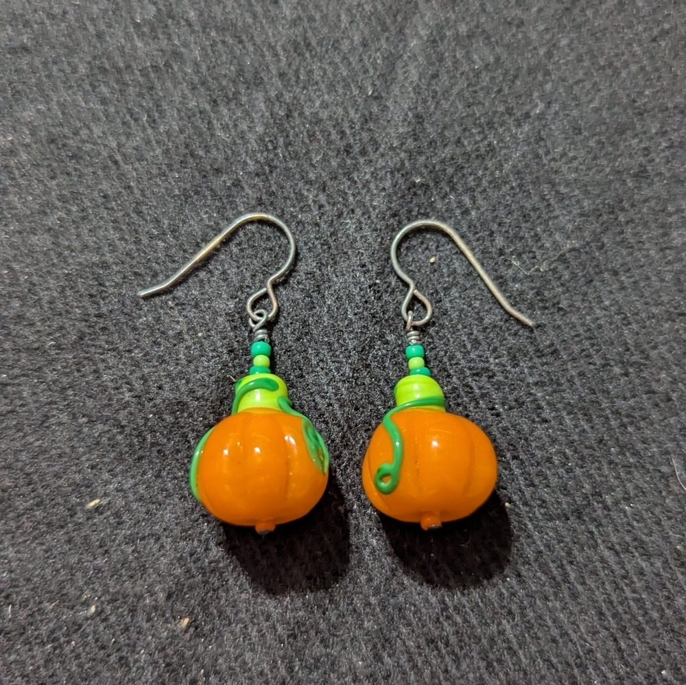 Orange and Green Lampwork Glass Pumpkin Dangle Statement Earrings